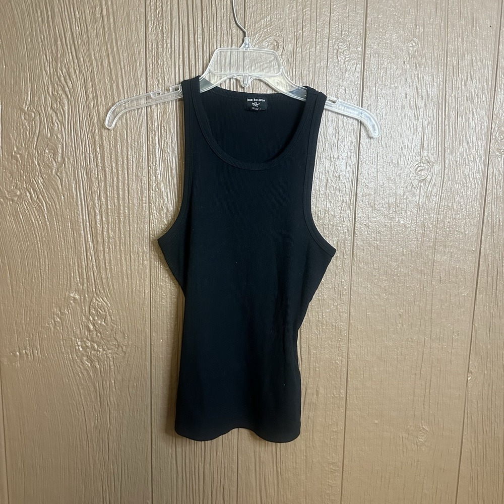 True Religion Woman's Buddha Ribbed Slim Fit Tank Top Sz M‎ Black Goth Grunge